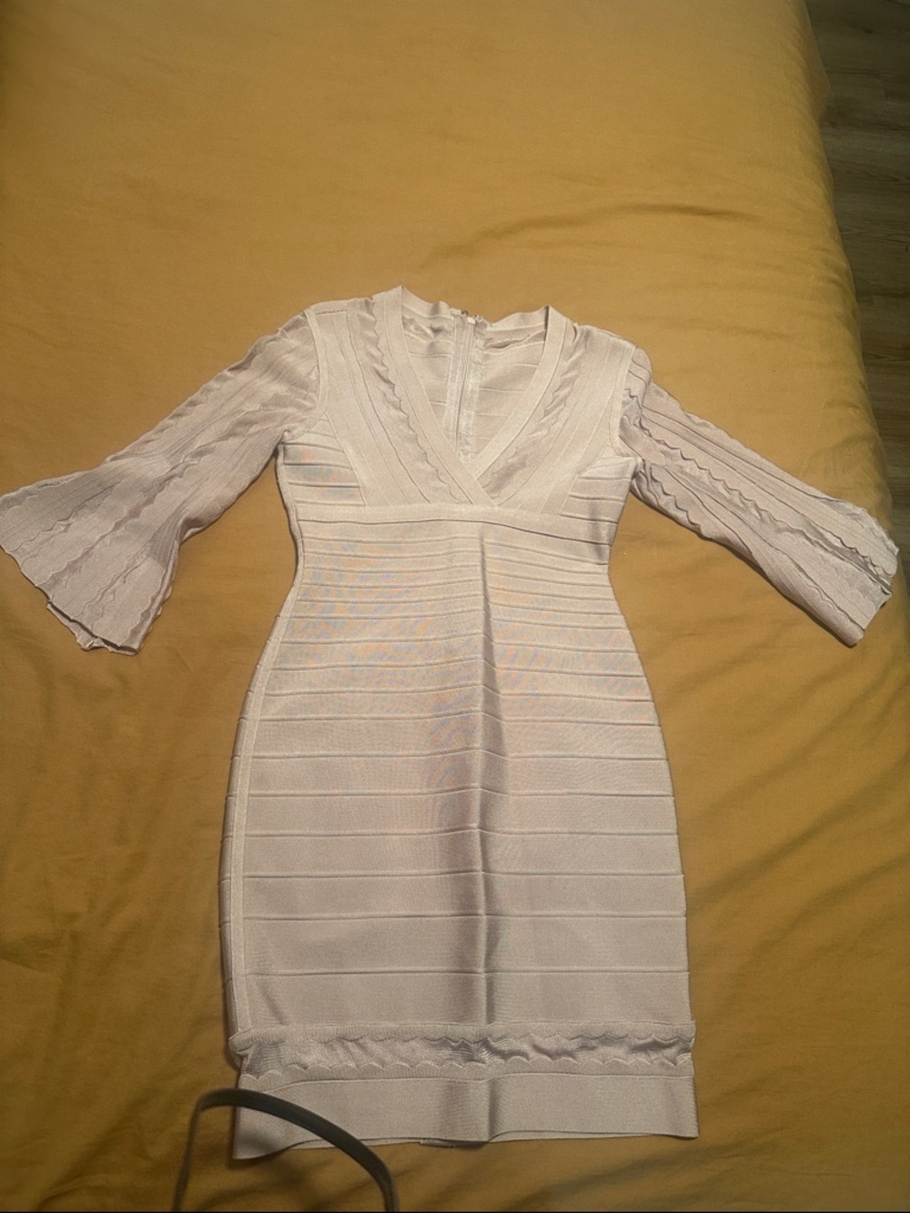 Pink Herve Leger Bodycon  V-Neck Ribbed Knit Dress with Bell Sleeves